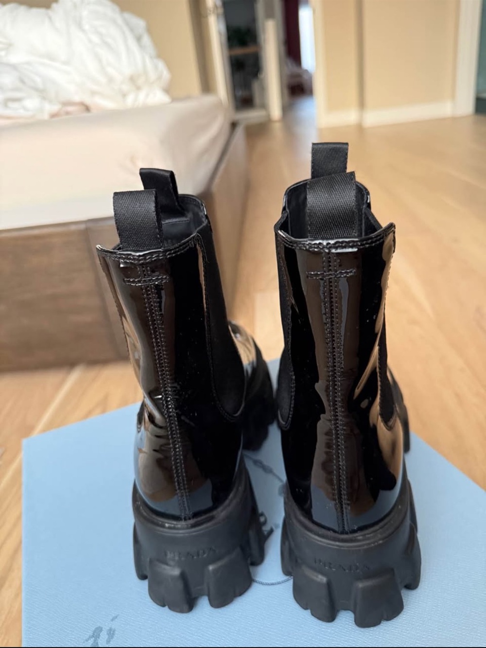 Prada Black Patent Lug-Sole Chelsea Boots - Picture 9 of 10